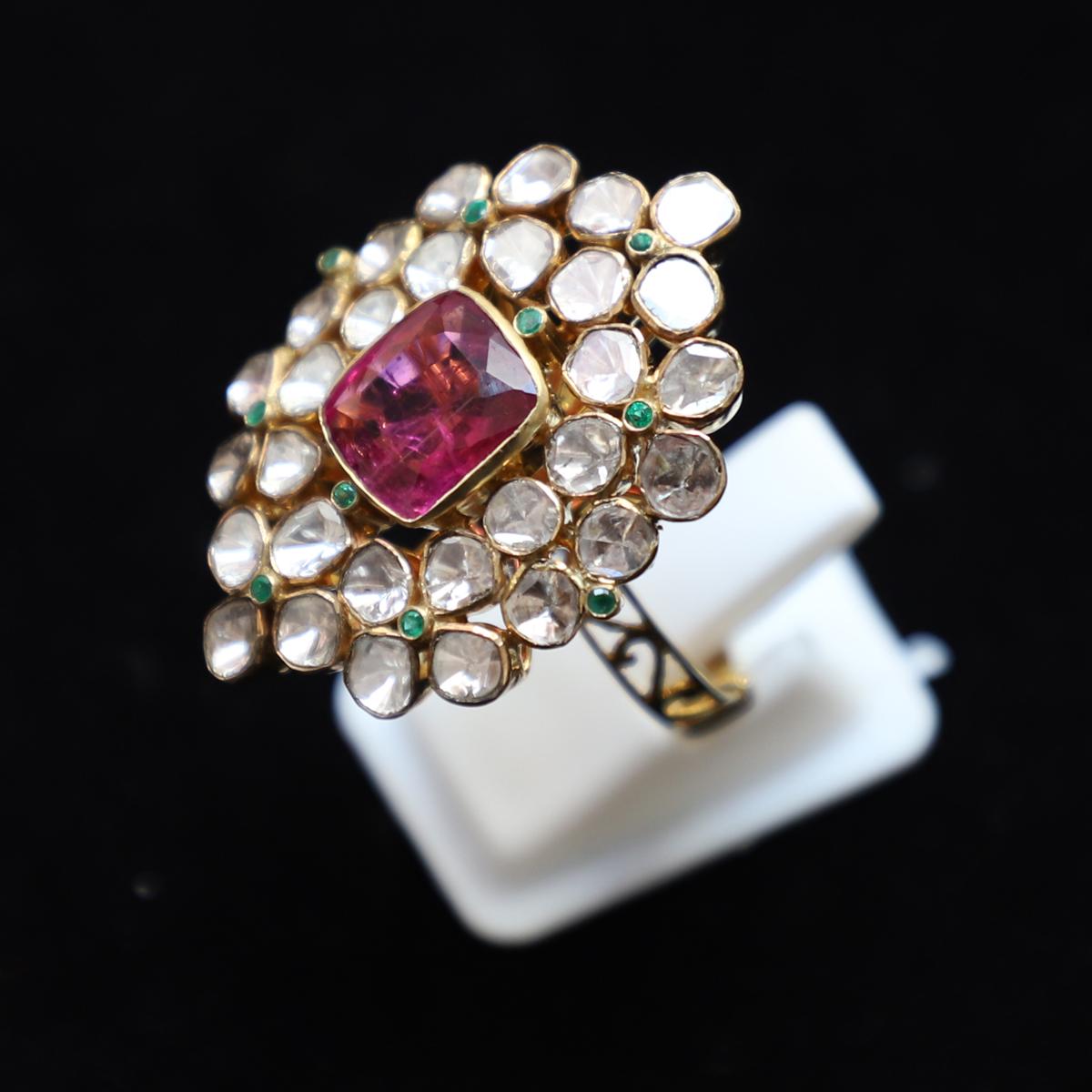 Diamond Polki Gold Ring with Emerald & Tourmaline – PM Sons | Online  Jewellery Store